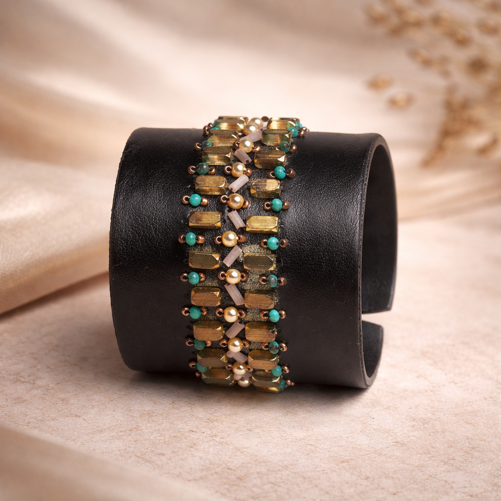 Handcrafted Black Cuff Bangle with Gold Beads