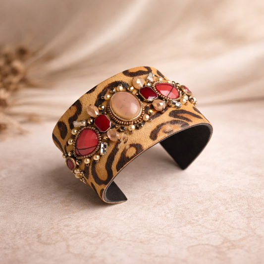 Handcrafted Leopard Print Cuff Bangle with Stone & Pearl Detailing