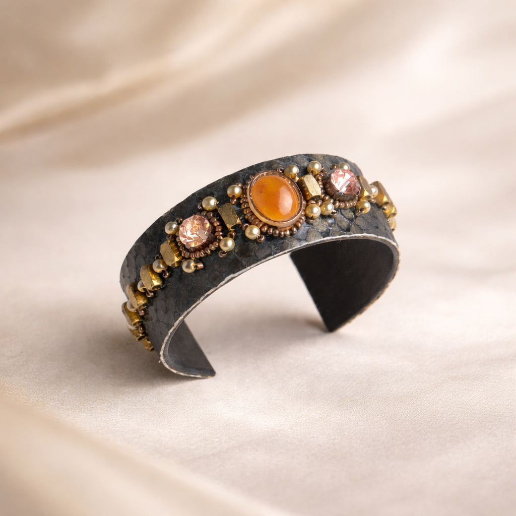 Black Cuff Bangle with Stone & Pearl Embellishments
