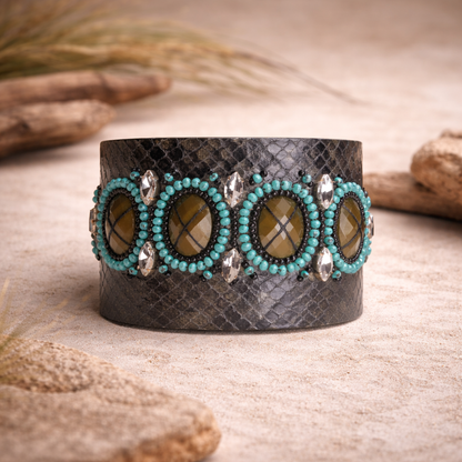 Handcrafted Grey Textured Cuff Bangle with Turquoise Beads & Crystal Accents