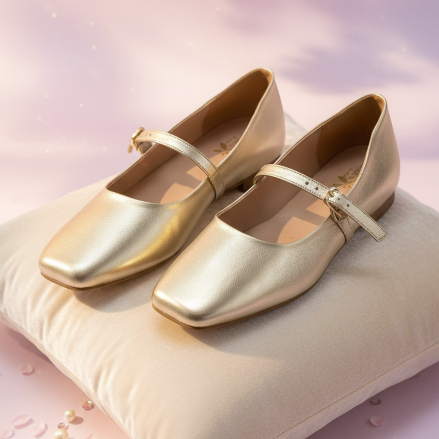 Women’s Golden Metallic Strap Ballerinas Flats