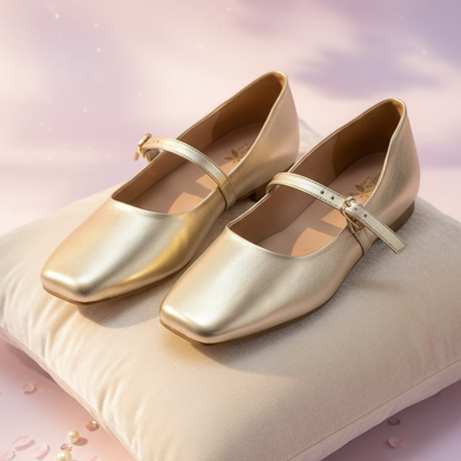 Women’s Golden Metallic Strap Ballerinas Flats
