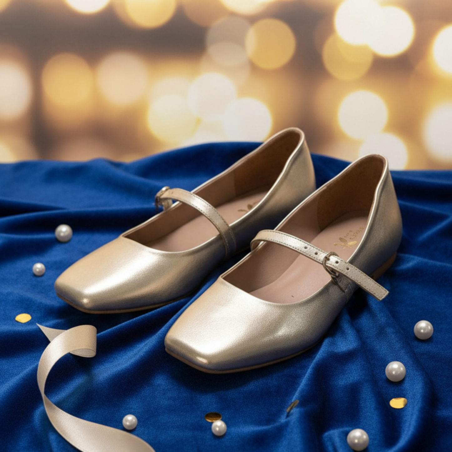 Women’s Golden Metallic Strap Ballerinas Flats