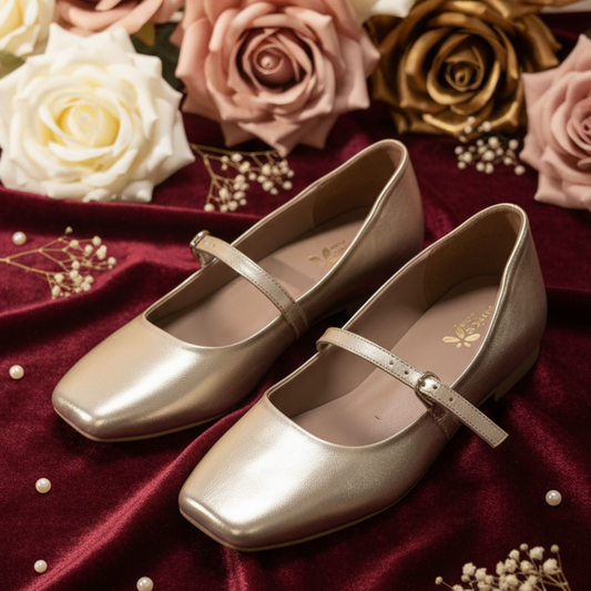 Women’s Golden Metallic Strap Ballerinas Flats
