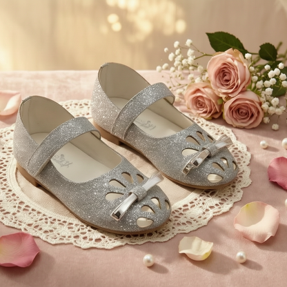 AmicaSlexia Girls Silver Glitter Ballerina Flats with Bow