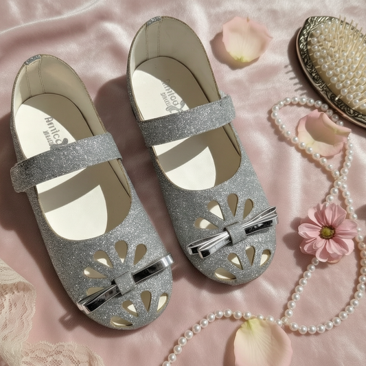 AmicaSlexia Girls Silver Glitter Ballerina Flats with Bow