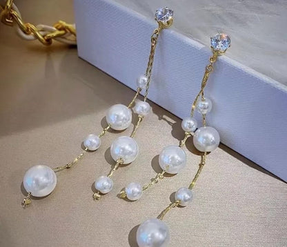 Dazelio Elegant Pearl Drop Earrings with Gold-Tone Chain & Crystal Studs