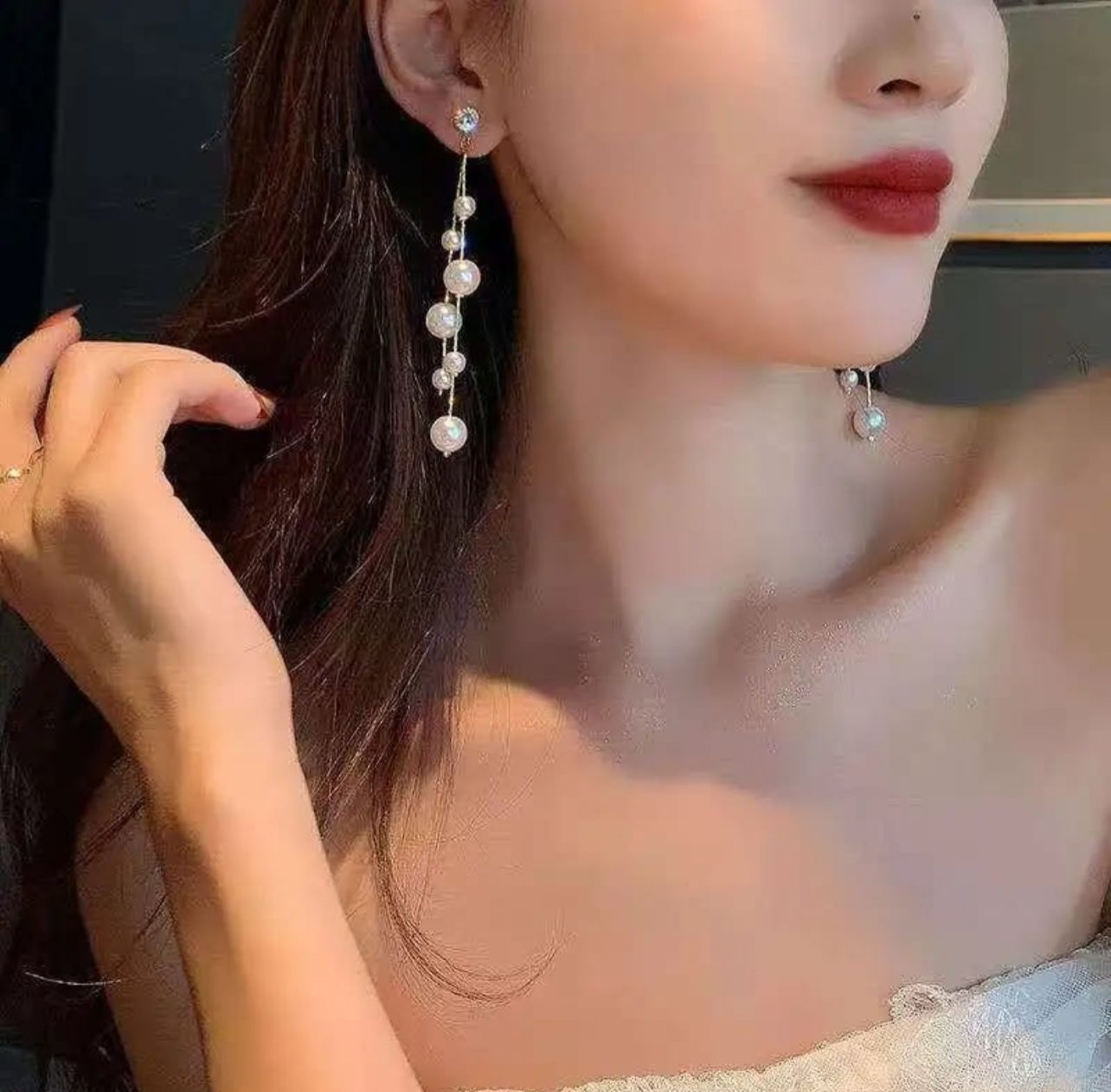 Dazelio Elegant Pearl Drop Earrings with Gold-Tone Chain & Crystal Studs