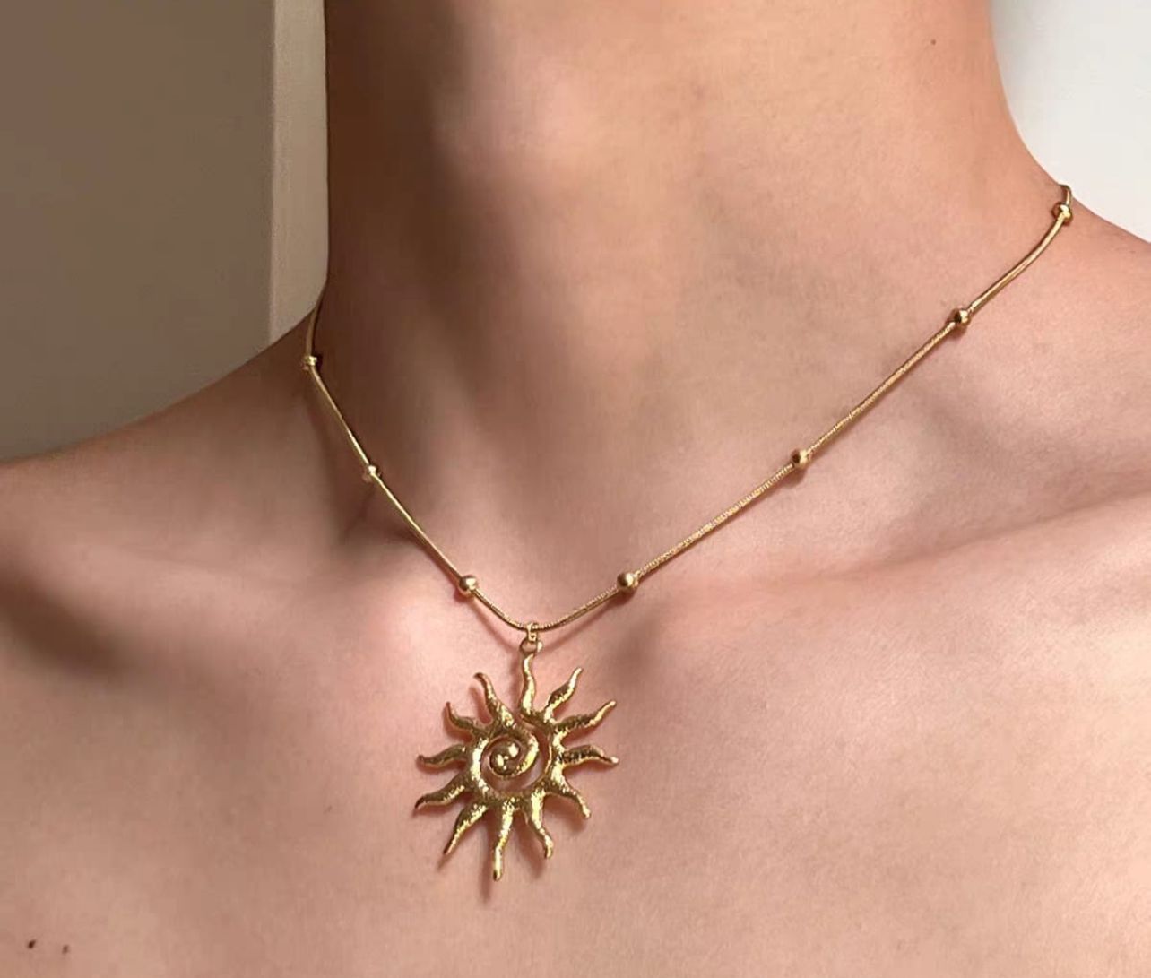 Dazelio Sunburst Gold Pendant Necklace with Beaded Chain