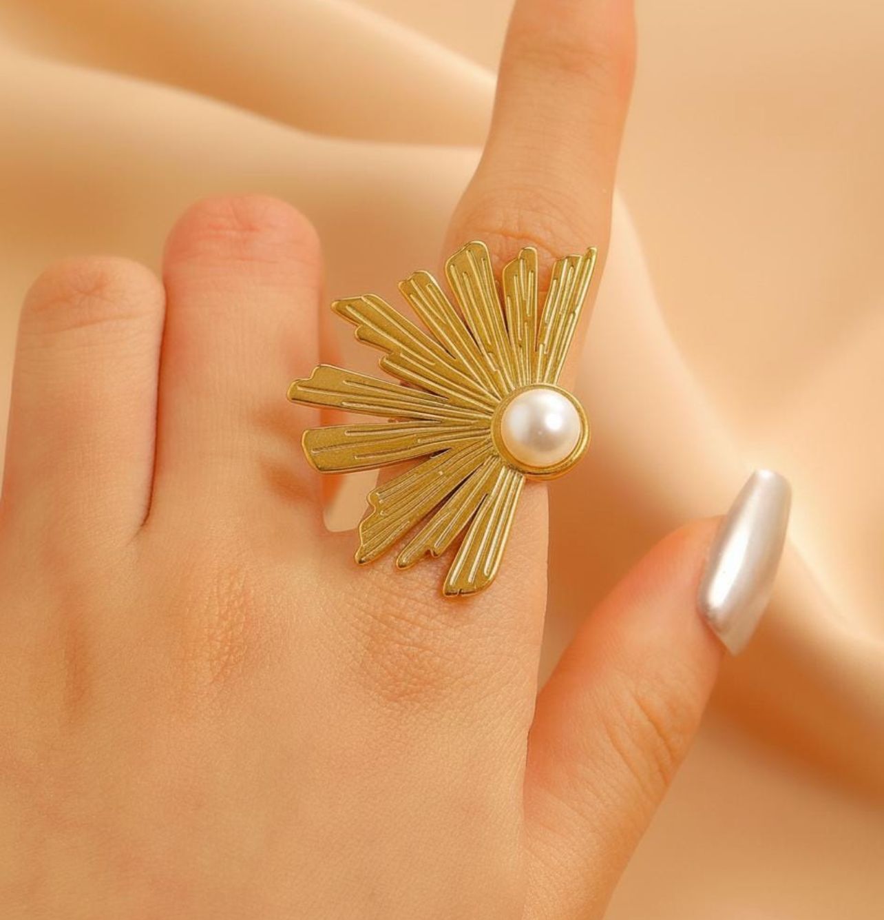 DAZELIO Gold Sunburst Pearl Statement Ring for Women