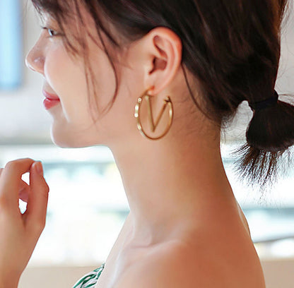 Bold Gold Letter V Statement Hoop Earrings for Women