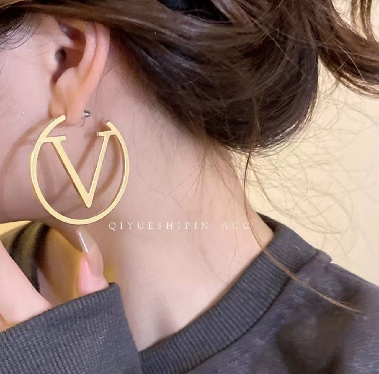Bold Gold Letter V Statement Hoop Earrings for Women