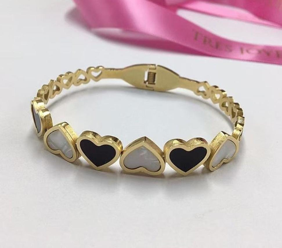 Dazelio Gold-Plated Black & White Heart Bracelet for Women