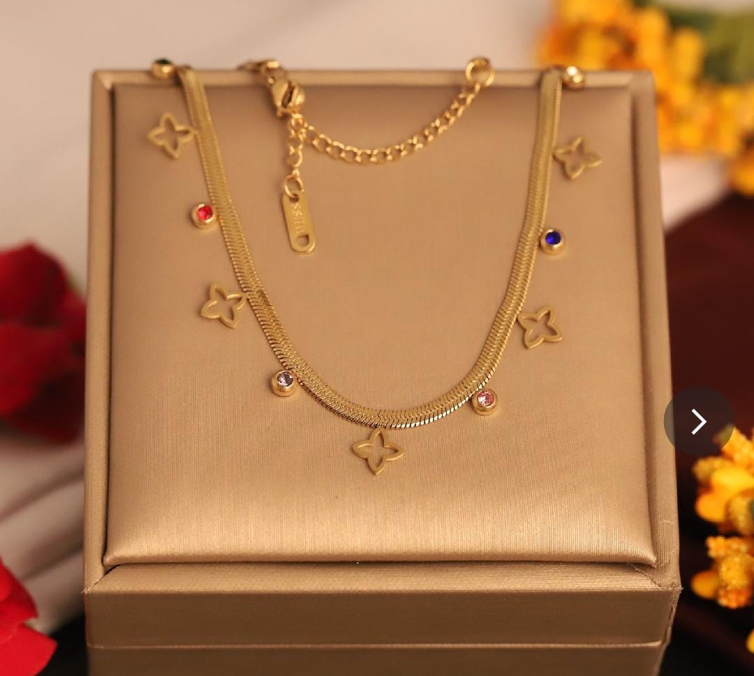 Dazelio Gold-Plated Snake Chain Clover Necklace with Multicolor Crystal Accents