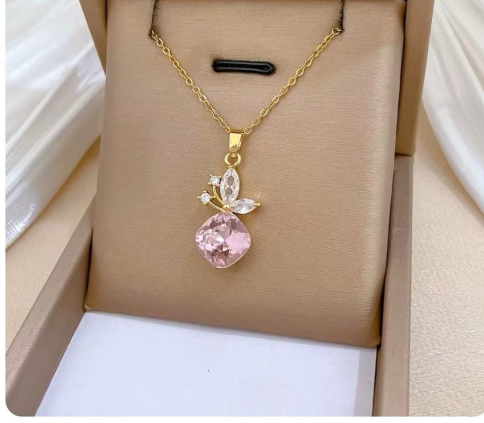 Dazelio Gold Plated Pink Crystal Drop Pendant Necklace for Women