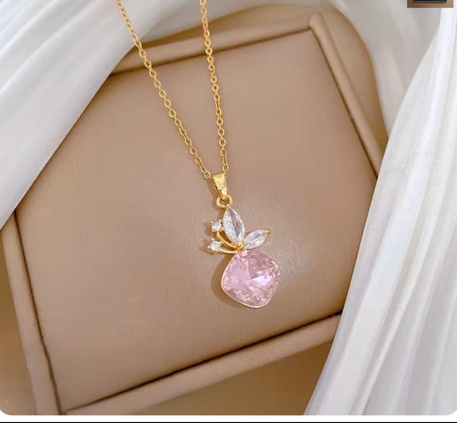 Dazelio Gold Plated Pink Crystal Drop Pendant Necklace for Women