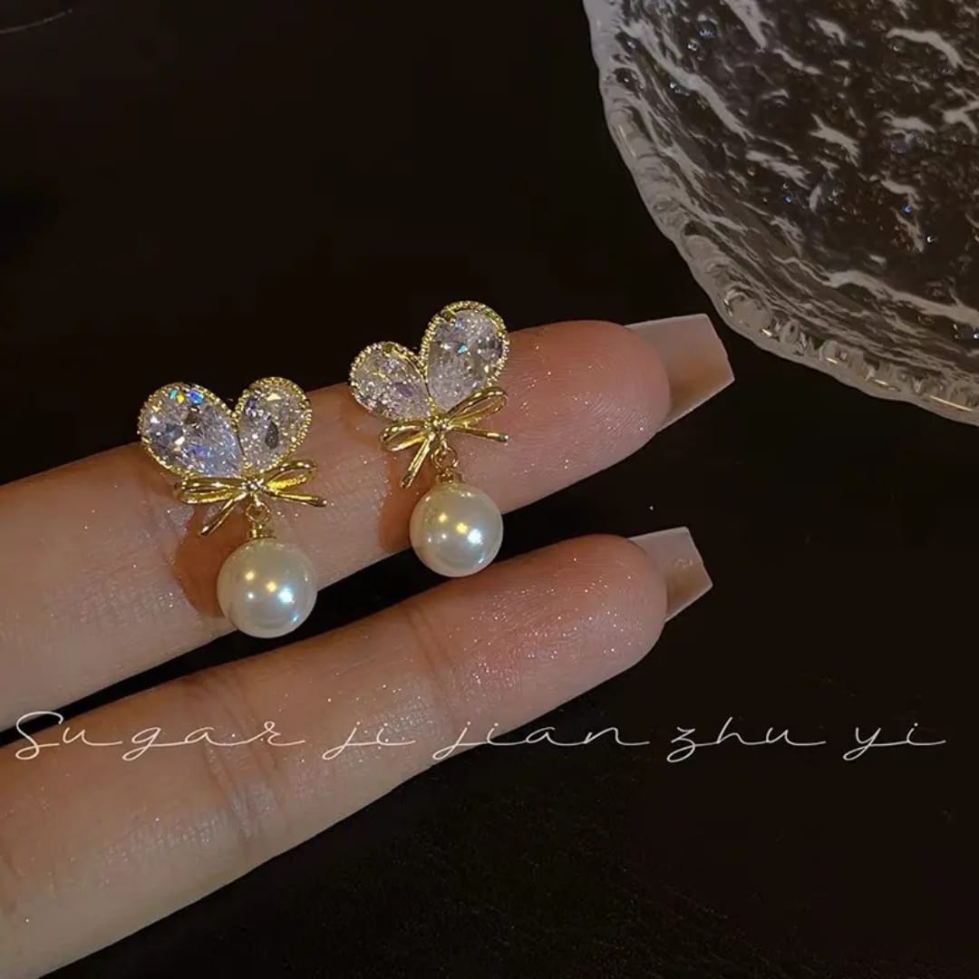 Dazelio Butterfly Crystal Pearl Drop Earrings