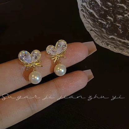 Dazelio Butterfly Crystal Pearl Drop Earrings