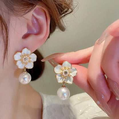 Dazelio White Floral Pearl Drop Earrings for Women
