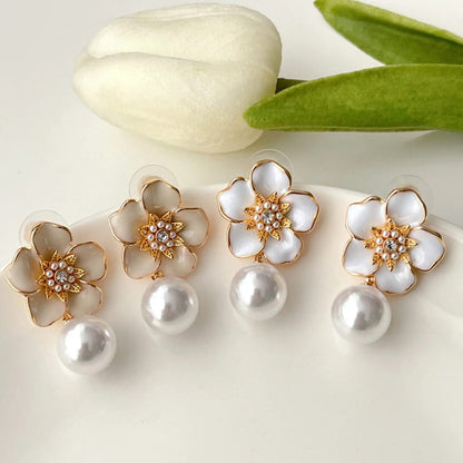 Dazelio White Floral Pearl Drop Earrings for Women