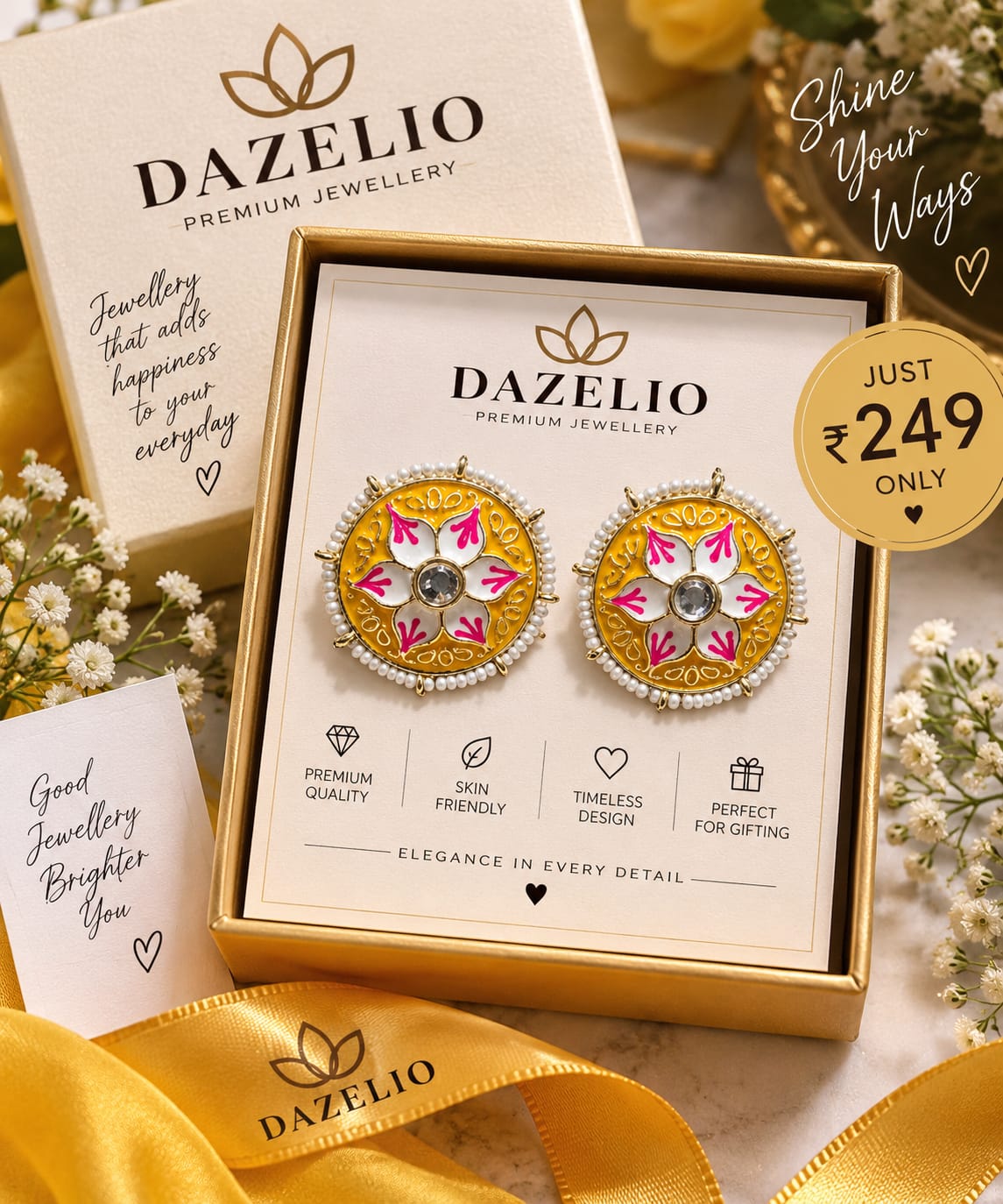 Yellow & Pink Floral Statement Earrings for Women