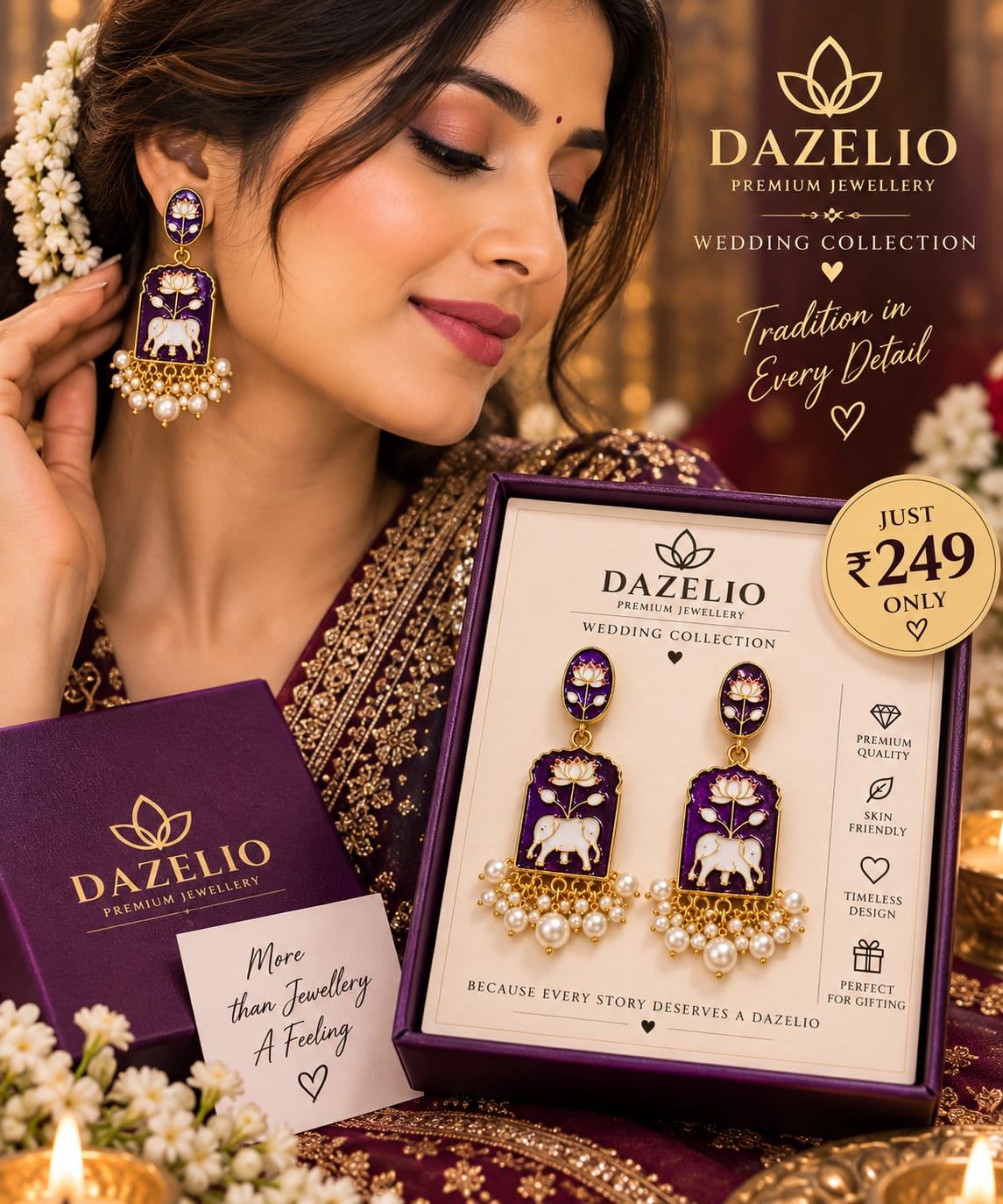 Purple & Gold Elephant Floral Statement Earrings for Women