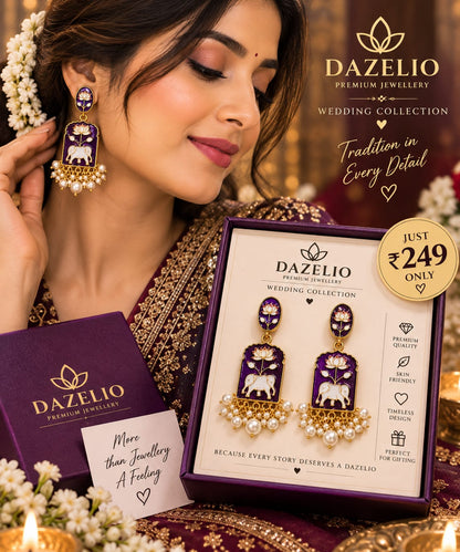 Purple & Gold Elephant Floral Statement Earrings for Women