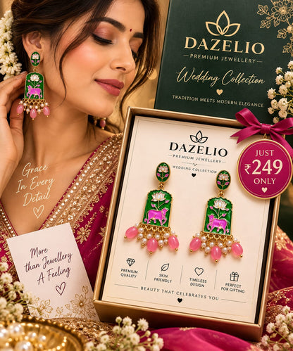 Green & Pink Elephant Floral Statement Earrings for Women