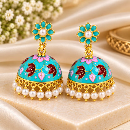 Turquoise Floral Jhumka Earrings for Women