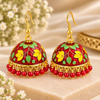 Red Floral Meenakari Jhumka Earrings with Beaded Drops for Women
