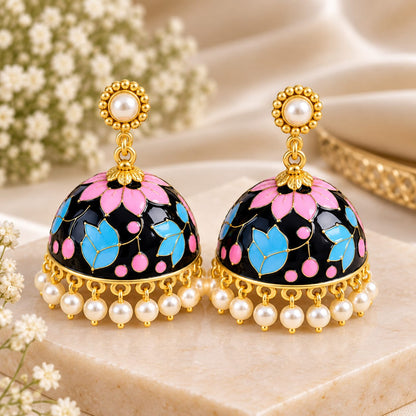 Black Floral Meenakari Jhumka Earrings with Pearl Drops for Women