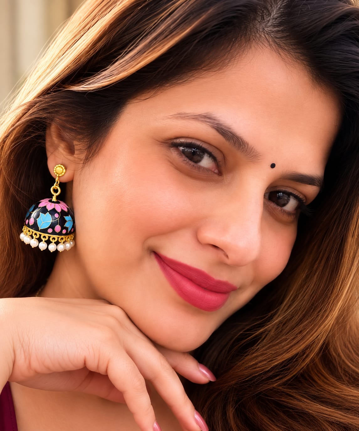 Black Floral Meenakari Jhumka Earrings with Pearl Drops for Women