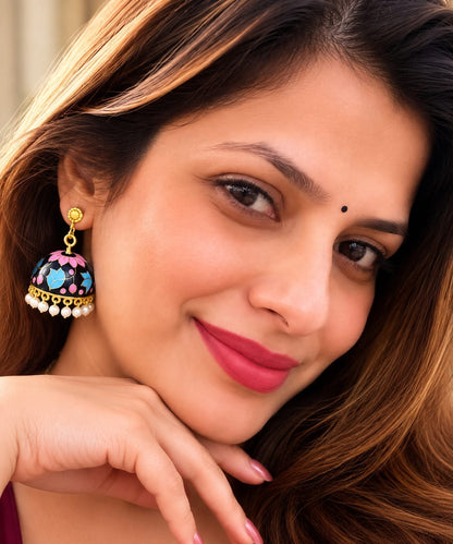 Black Floral Meenakari Jhumka Earrings with Pearl Drops for Women