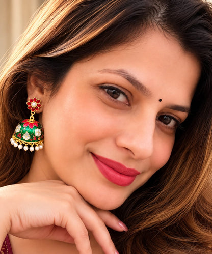 Green Floral Meenakari Jhumka Earrings with Pearl Drops for Women
