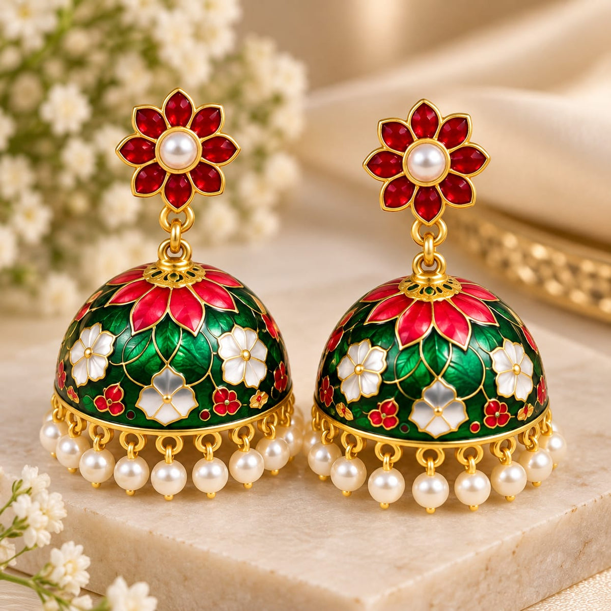 Green Floral Meenakari Jhumka Earrings with Pearl Drops for Women