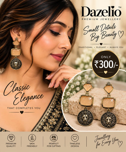 Peach & Black Lion Statement Drop Earrings for Women