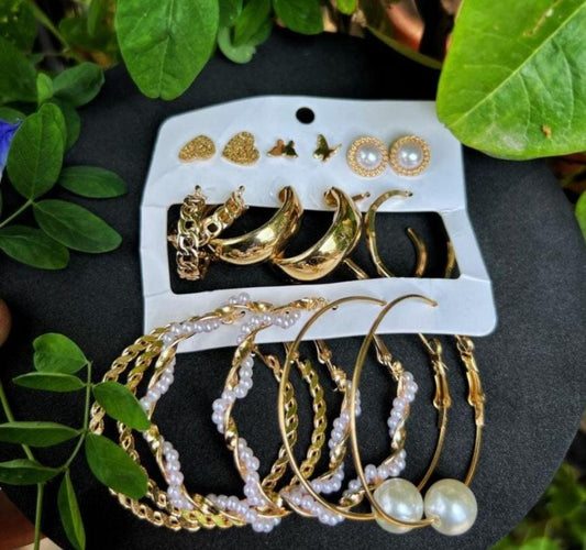 Gold & Pearl Hoop Earrings Combo Set for Women