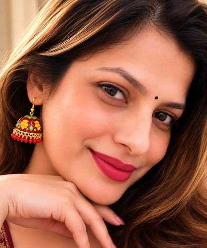 Red Floral Meenakari Jhumka Earrings with Beaded Drops for Women