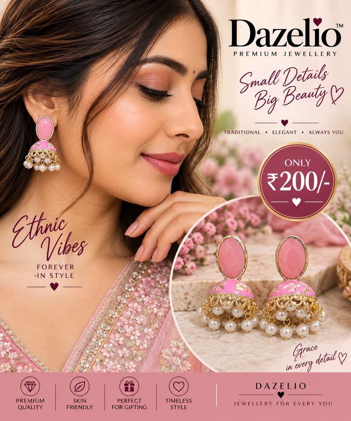 Pink Floral Pearl Jhumka Earrings for Women