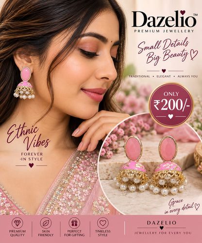Pink Floral Pearl Jhumka Earrings for Women