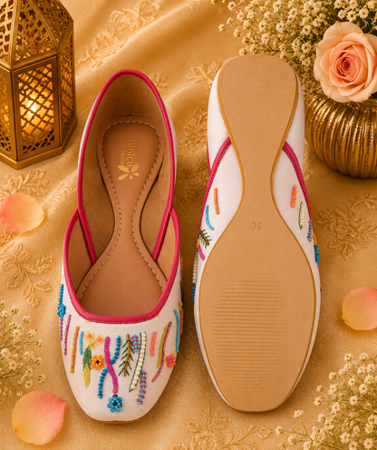 Women White Multicolor Embroidered Jutti