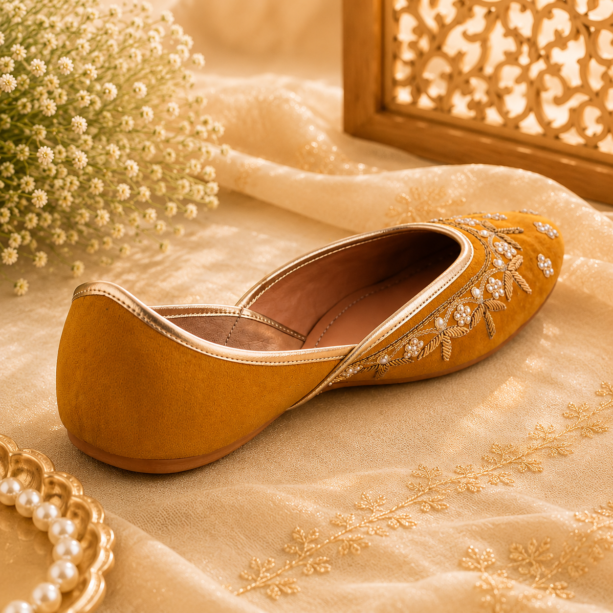 AmicaSlexia Women Mustard Embroidered Jutti