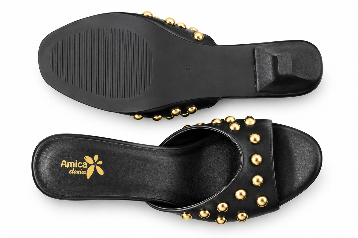 Women’s Black Block Heel Sandals with Golden Studs