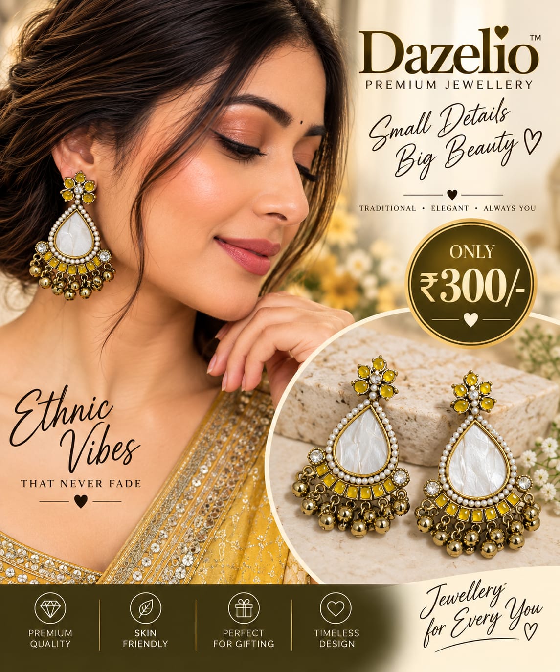 Yellow & White Pearl Statement Chandbali Earrings for Women