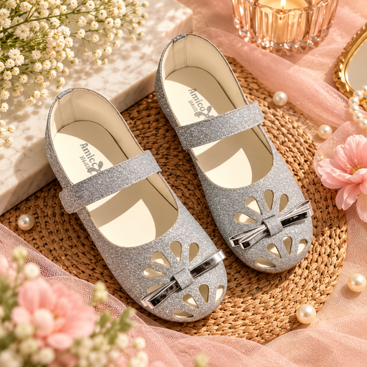 AmicaSlexia Girls Silver Glitter Ballerina Flats with Bow
