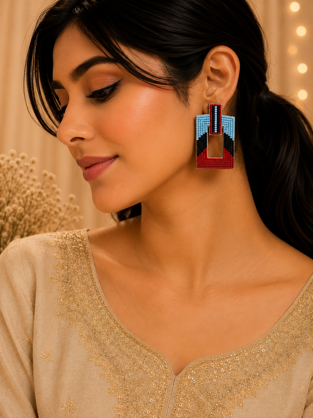 Amica Slexia Multicolor Geometric Beaded Statement Earrings