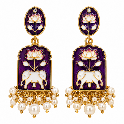 Purple & Gold Elephant Floral Statement Earrings for Women