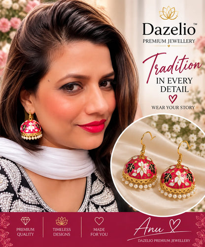 Amica Slexia Pink Meenakari Jhumka Earrings with Pearl Drops
