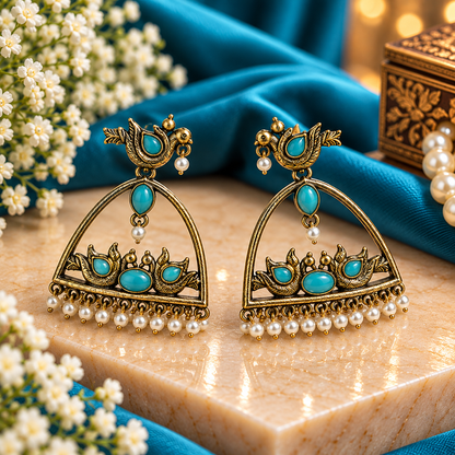 Turquoise Blue Bird Design Pearl Drop Statement Earrings for Women