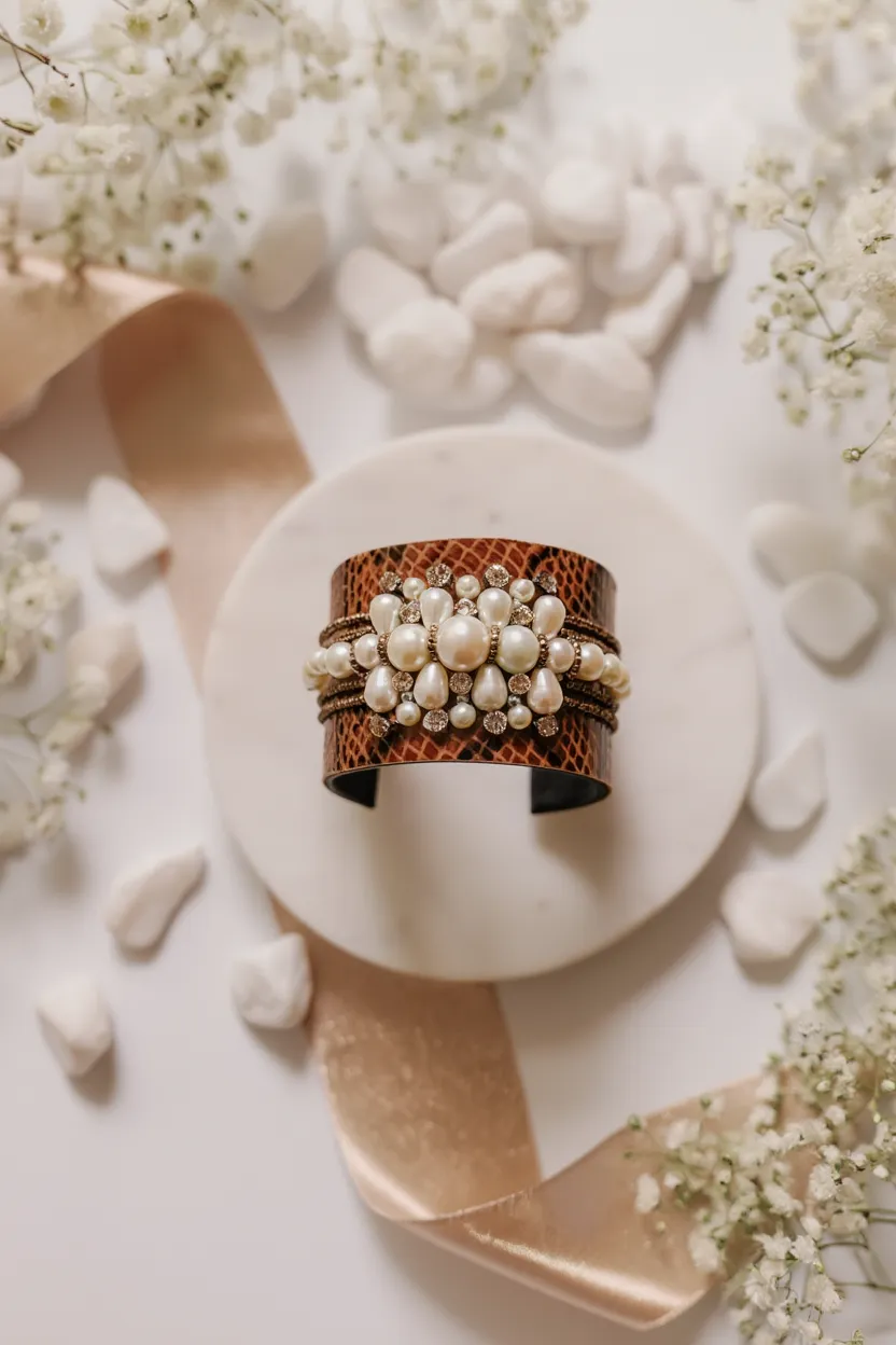 Amica Slexia Pearl Embellished Textured Cuff Bangle for Women